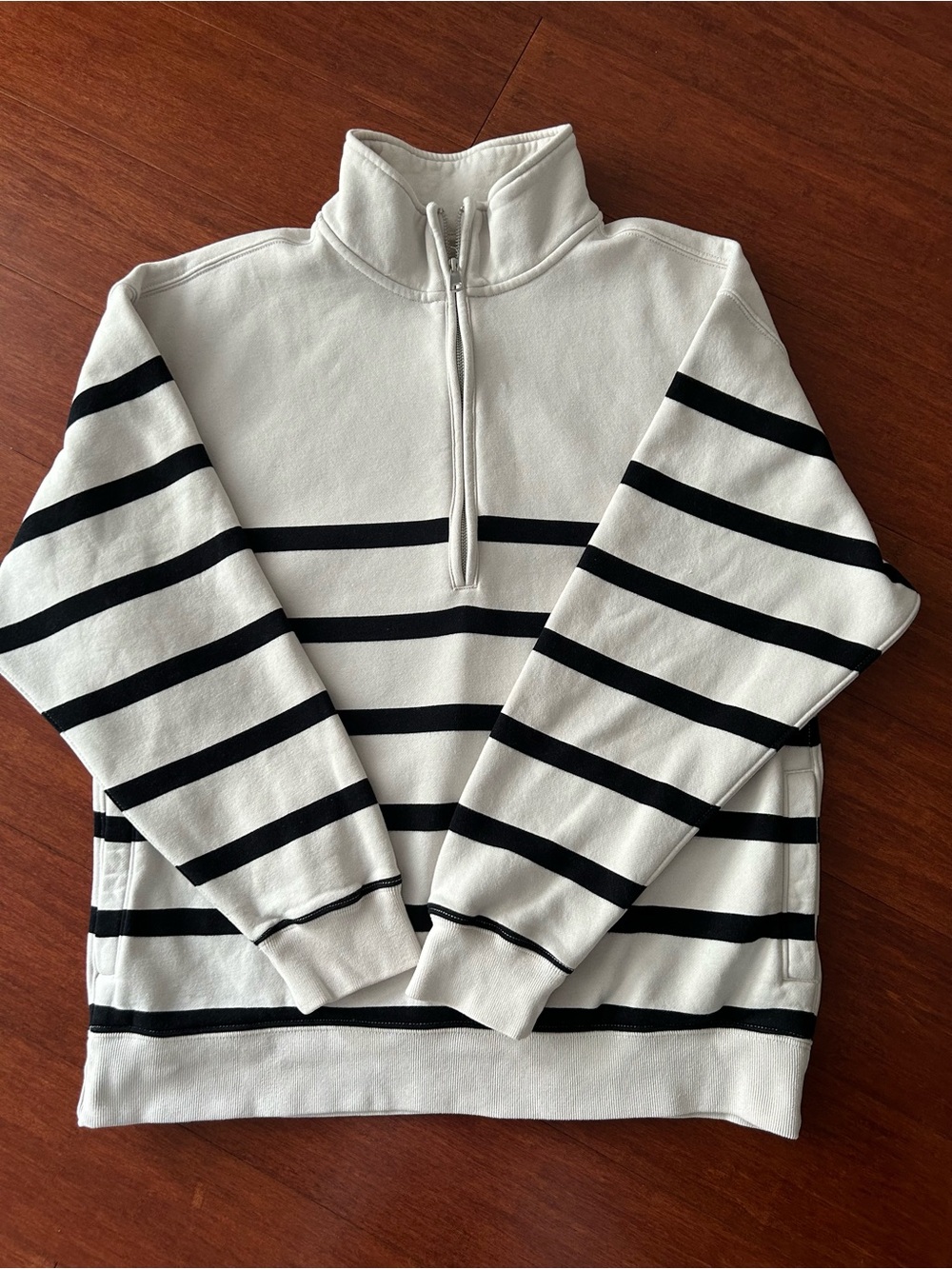 Abercrombie White and Black Striped Half-Zip Sweater